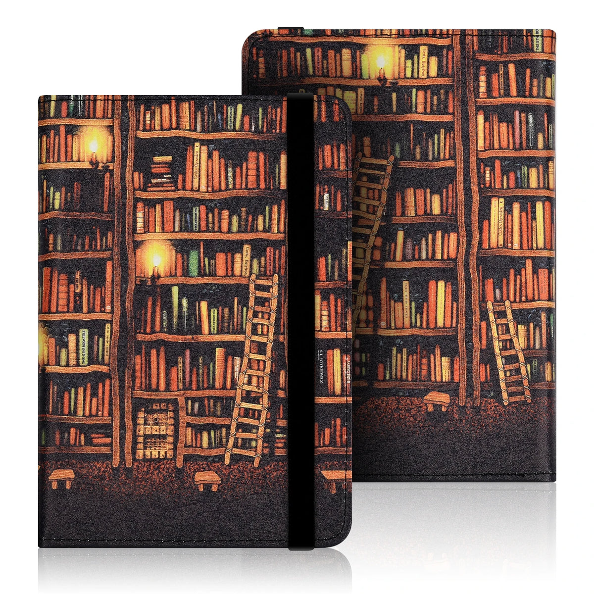 A dark textured cover featuring a detailed illustration of a wooden bookshelf filled with books and a ladder.
