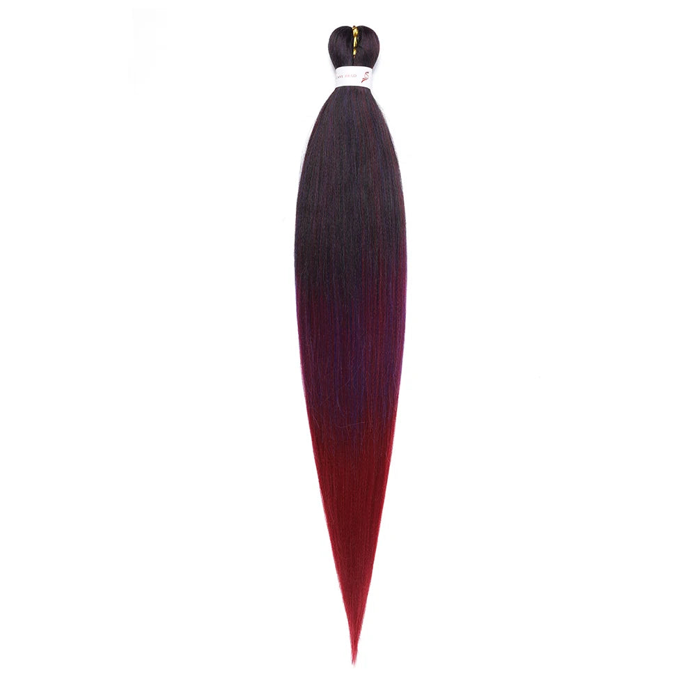 Ein einzelner Bund vorgeformte Ombré-Flechtfrisuren mit dunkler Farbe und leuchtend rotem Abschluss.