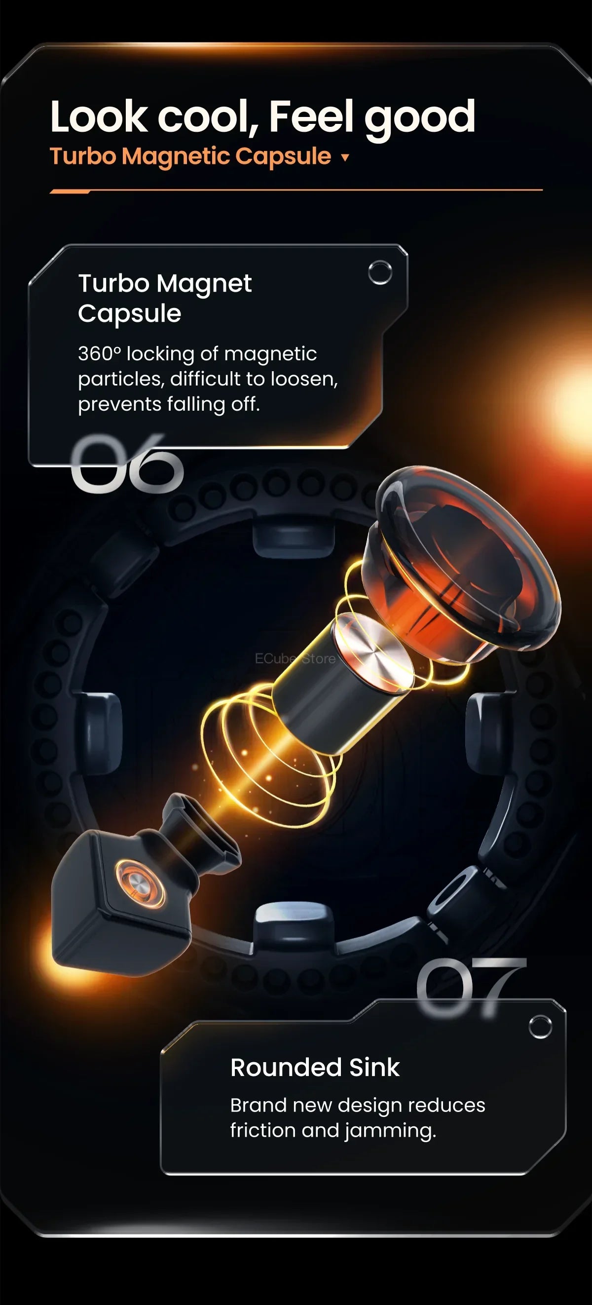 Close-up view of a magnetic capsule product showing its design features and components.