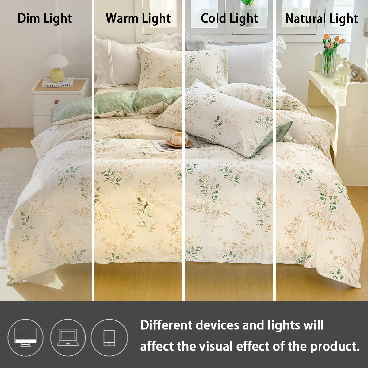 A bed dressed with an elegant floral duvet cover set shown under dim, warm, cold, and natural light settings.