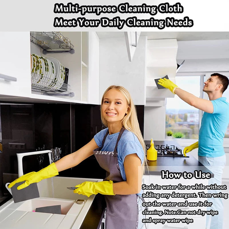 A woman demonstrates how to use a multi-purpose cleaning cloth for daily cleaning tasks.