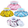 A set of reusable multi-use ice and heat therapy packs in pink, yellow, and blue colors.