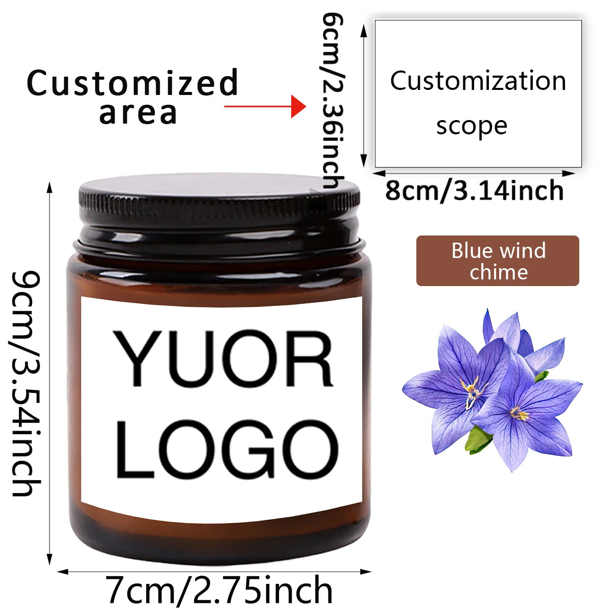 A brown glass jar candle with a white label featuring the text YOUR LOGO and a blue wind chime decoration.