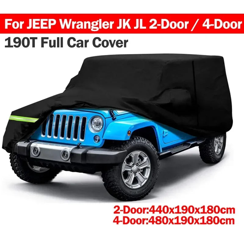 Black full car cover for a blue Jeep Wrangler JK JL 2-Door or 4-Door vehicle