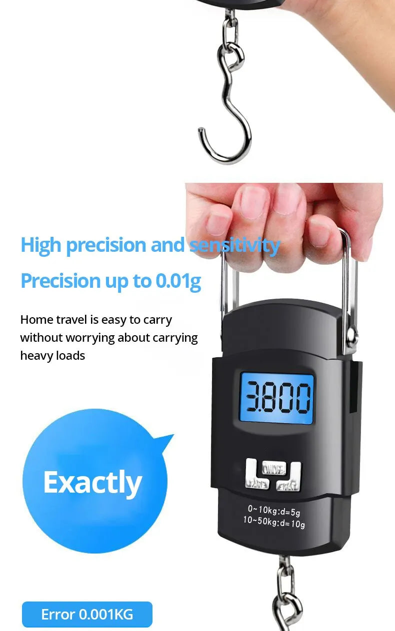 A black digital luggage scale is shown hanging by a hook, displaying a weight of 3.800 and featuring an LCD screen.