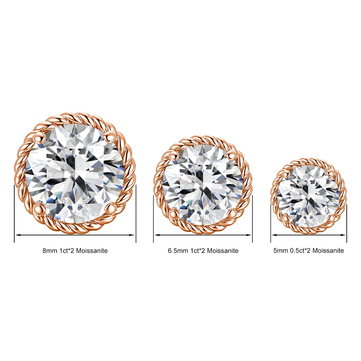 Three stud earrings featuring round clear stones set in gold filled metal with different sizes and accents.