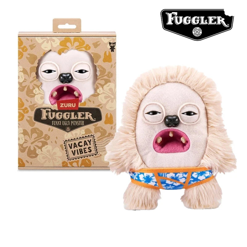 A plush toy of a monster with funny teeth and large eyes, packaged in a brown box.