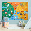 A colorful busy board featuring farm animals and zoo animals on a wooden background with a blue felt mat.