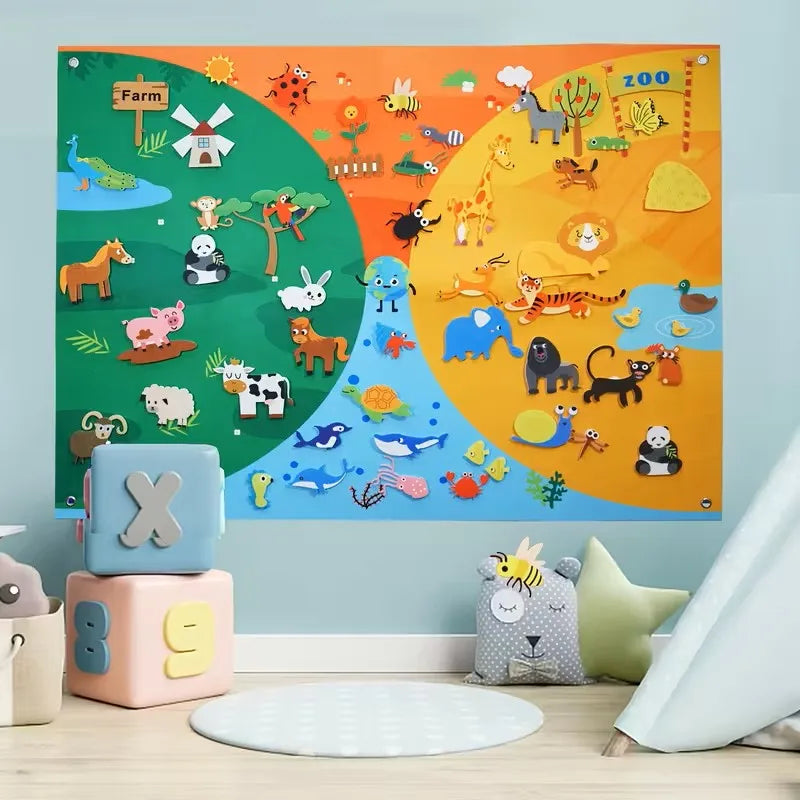 A colorful busy board featuring farm animals and zoo animals on a wooden background with a blue felt mat.