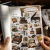 Seite aus einem Buch mit verschiedenen Retro-Transferdruck-Stickers und Illustrationen zum Scrapbooking