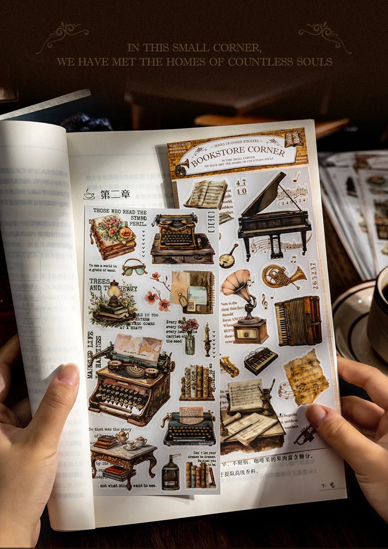 Seite aus einem Buch mit verschiedenen Retro-Transferdruck-Stickers und Illustrationen zum Scrapbooking