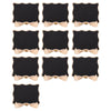 A set of twelve mini wooden chalkboard signs with a black surface and light wood trim.