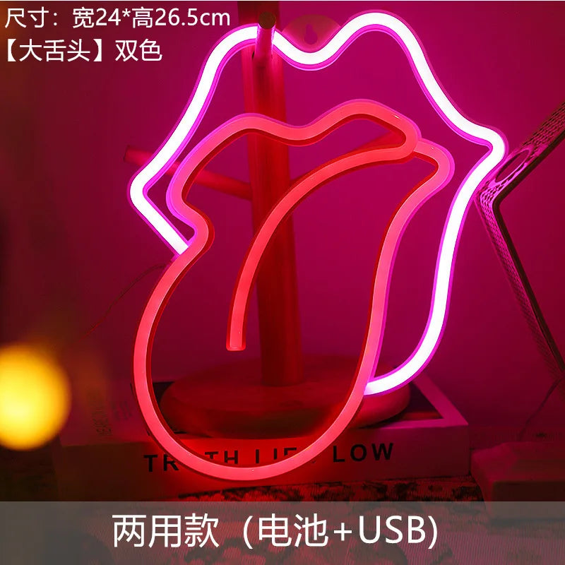 Pink LED lip neon sign with a glossy outline displayed against a magenta background