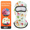 A white kids balaclava mask with colorful animal and tree patterns, featuring a black opening.
