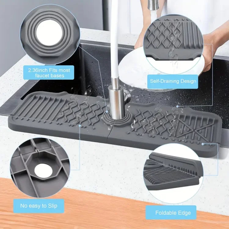 A silicone kitchen sink mat with a self-draining design and foldable edge shown in use.