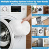 A white hat cleaning cage or laundry bag is shown being placed into a washing machine drum.