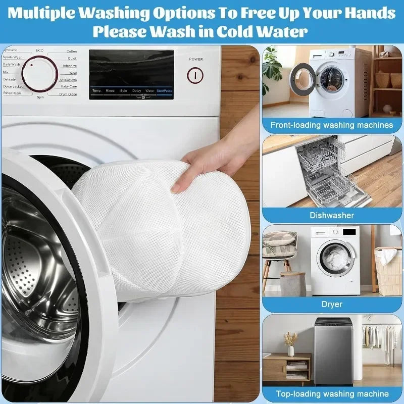 A white hat cleaning cage or laundry bag is shown being placed into a washing machine drum.