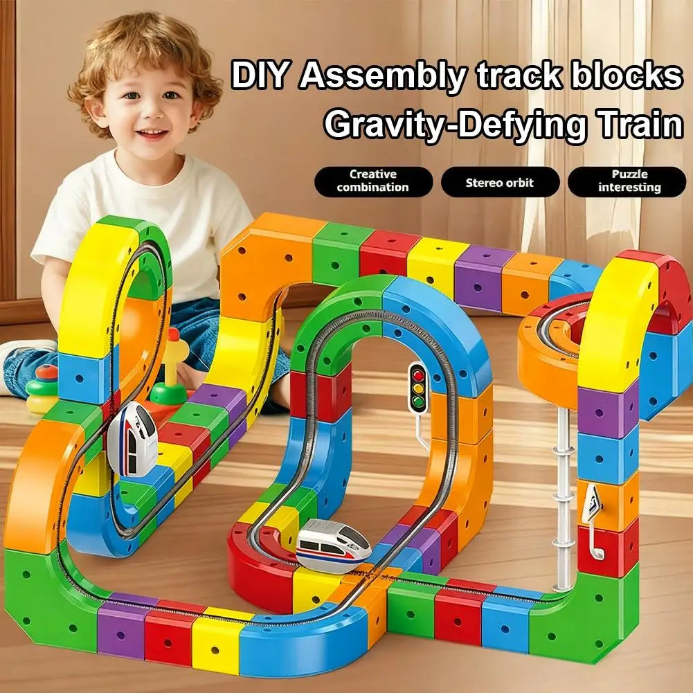 DIY Assembly track blocks gravity-defying train set with colorful wooden blocks and a train model