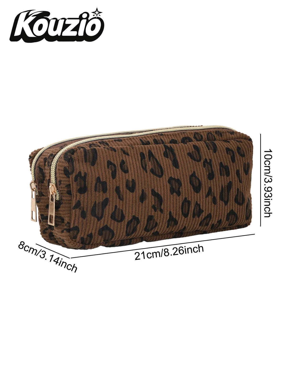A brown leopard print double-zip pencil case with a gold zipper and dimensions of 21cm x 10cm.