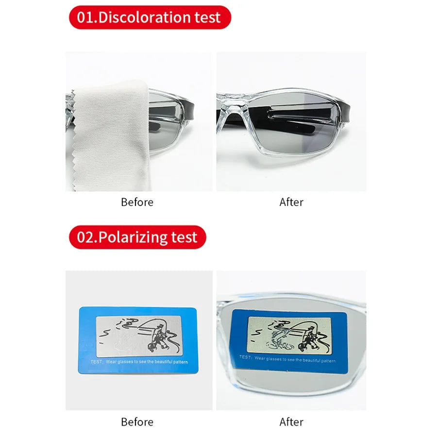 Before and after comparison showing the discoloration test and polarizing test results on vintage photochromic polarized sung