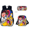 A black backpack featuring a colorful cartoon design of a doctor and an animal, shown alongside a separate crossbody bag.