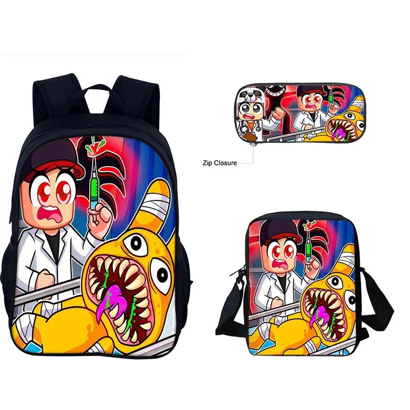 A black backpack featuring a colorful cartoon design of a doctor and an animal, shown alongside a separate crossbody bag.