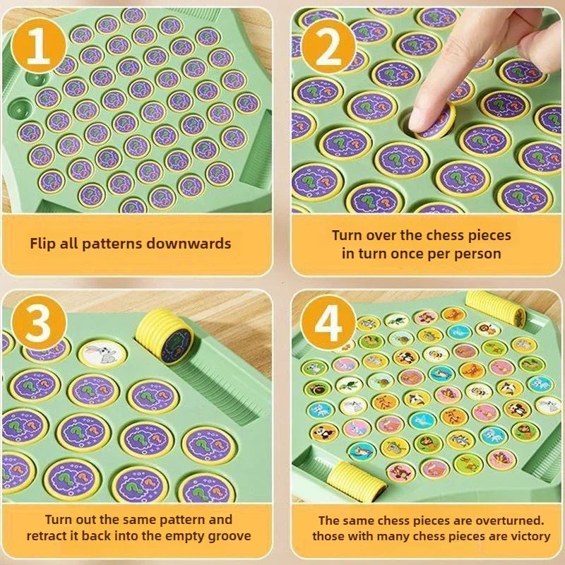 Four steps showing how to play the Animal Flip Chess game with chess pieces and grooves