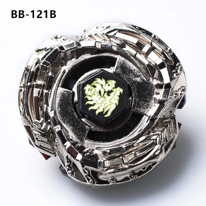 A silver alloy battle spinning top with a hexagonal green emblem on the top surface.