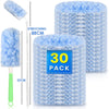 A blue electrostatic duster with a long handle and a fluffy cleaning head is shown next to a large block of blue cleaning mat