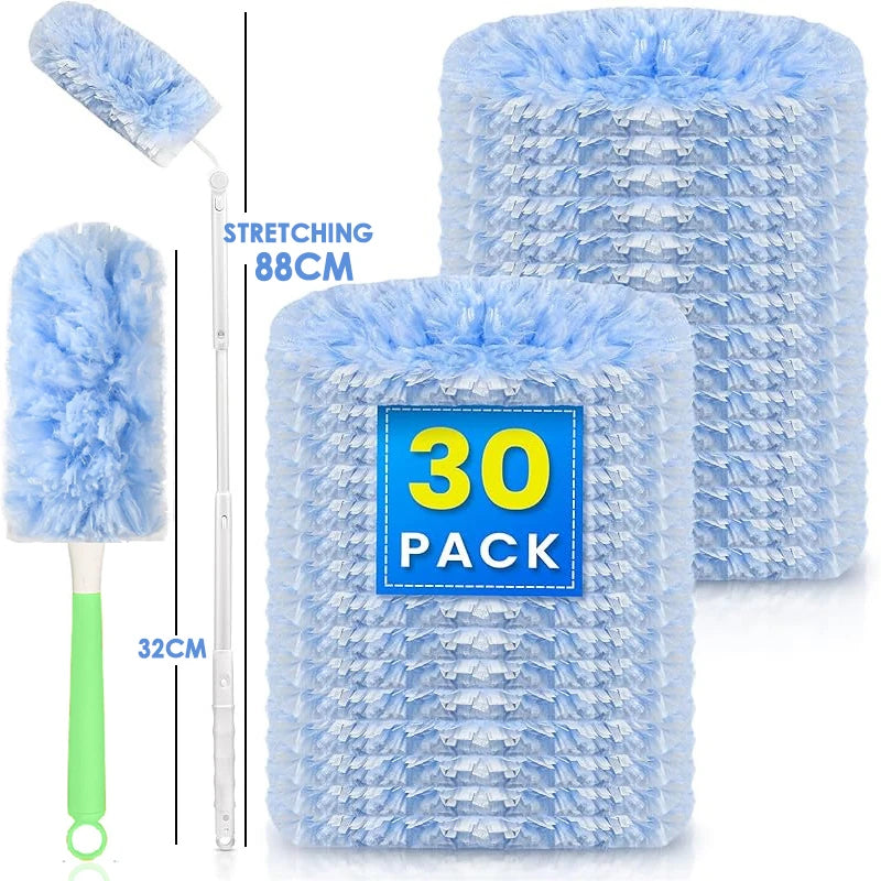 A blue electrostatic duster with a long handle and a fluffy cleaning head is shown next to a large block of blue cleaning mat