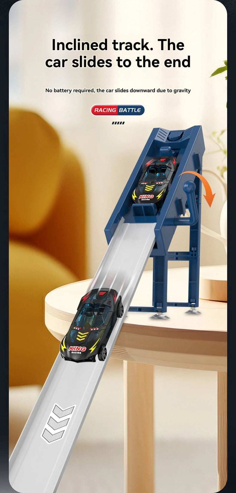 A black racing car slides down a clear track on a wooden table, demonstrating gravity.
