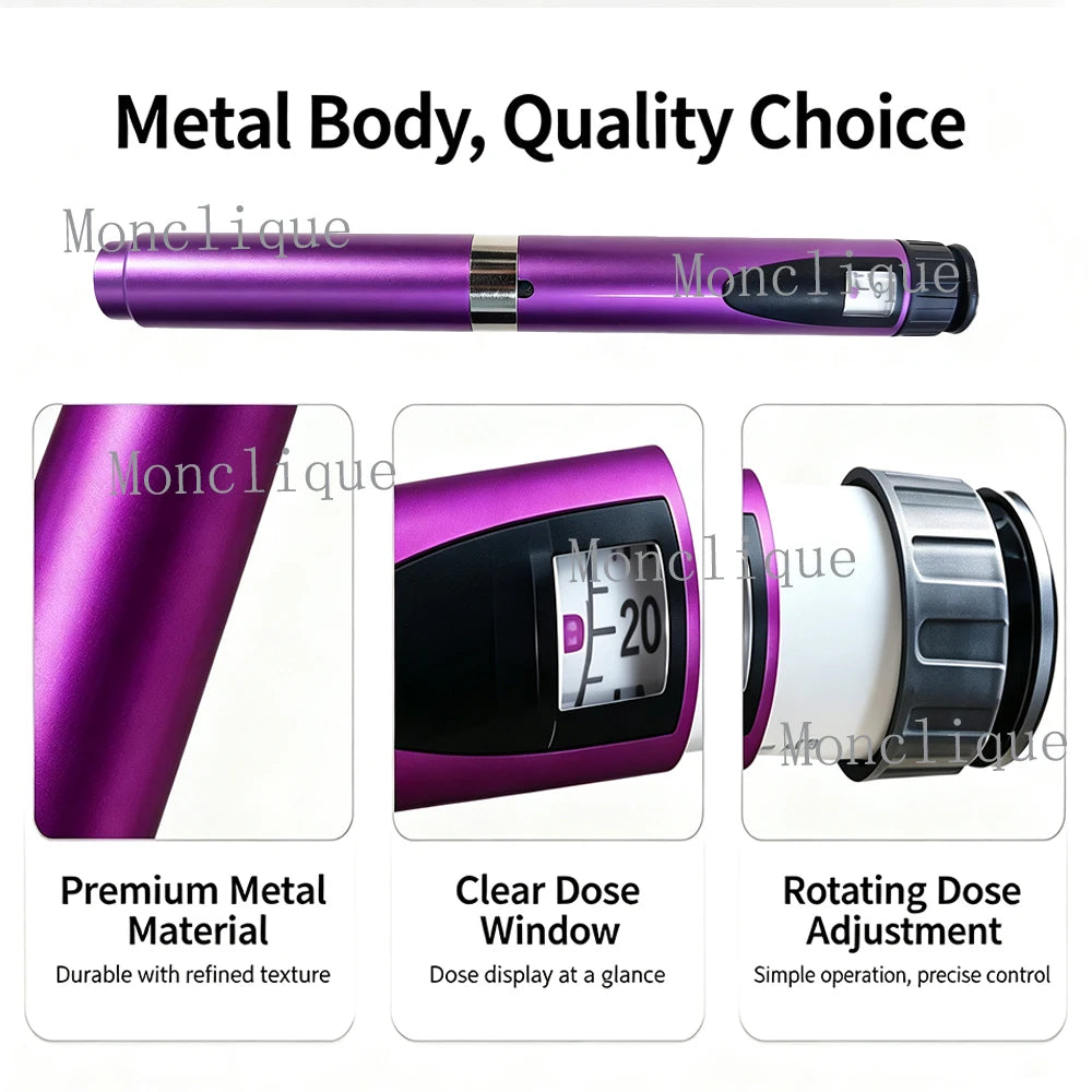 A purple metal injection pen with a clear dose window and rotating dose adjustment feature.