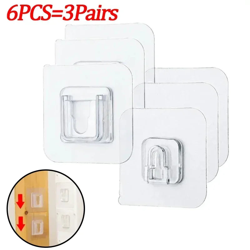 Six pairs of transparent adhesive wall hooks for non-drill mounting, shown with an inset demonstrating installation.