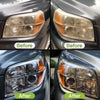 Before and after comparison of a car headlight restoration polish on a vehicle's headlight lenses.