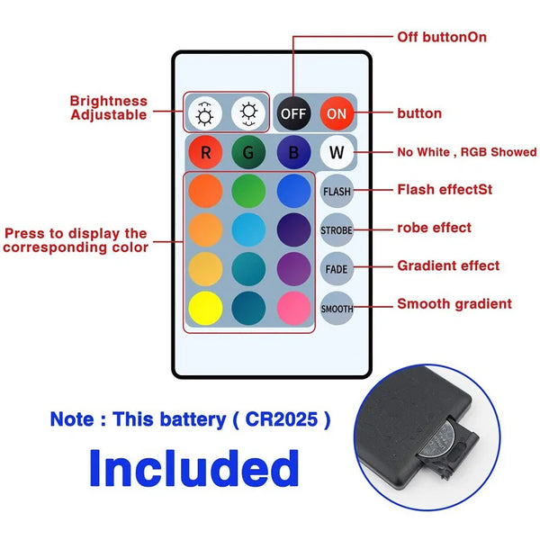 Interfaz que muestra varios efectos de color como destello, estrobo y degradado en una tira de luces LED RGB.