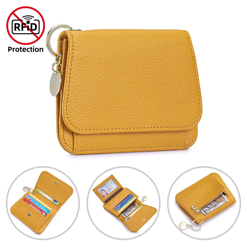 Genuine Leather Tri-Fold Wallet with Coin Pocket & Keychain