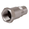 A silver metal oxygen sensor adapter with internal threads and external hexagonal fitting.