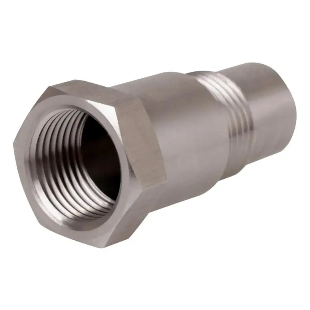 A silver metal oxygen sensor adapter with internal threads and external hexagonal fitting.
