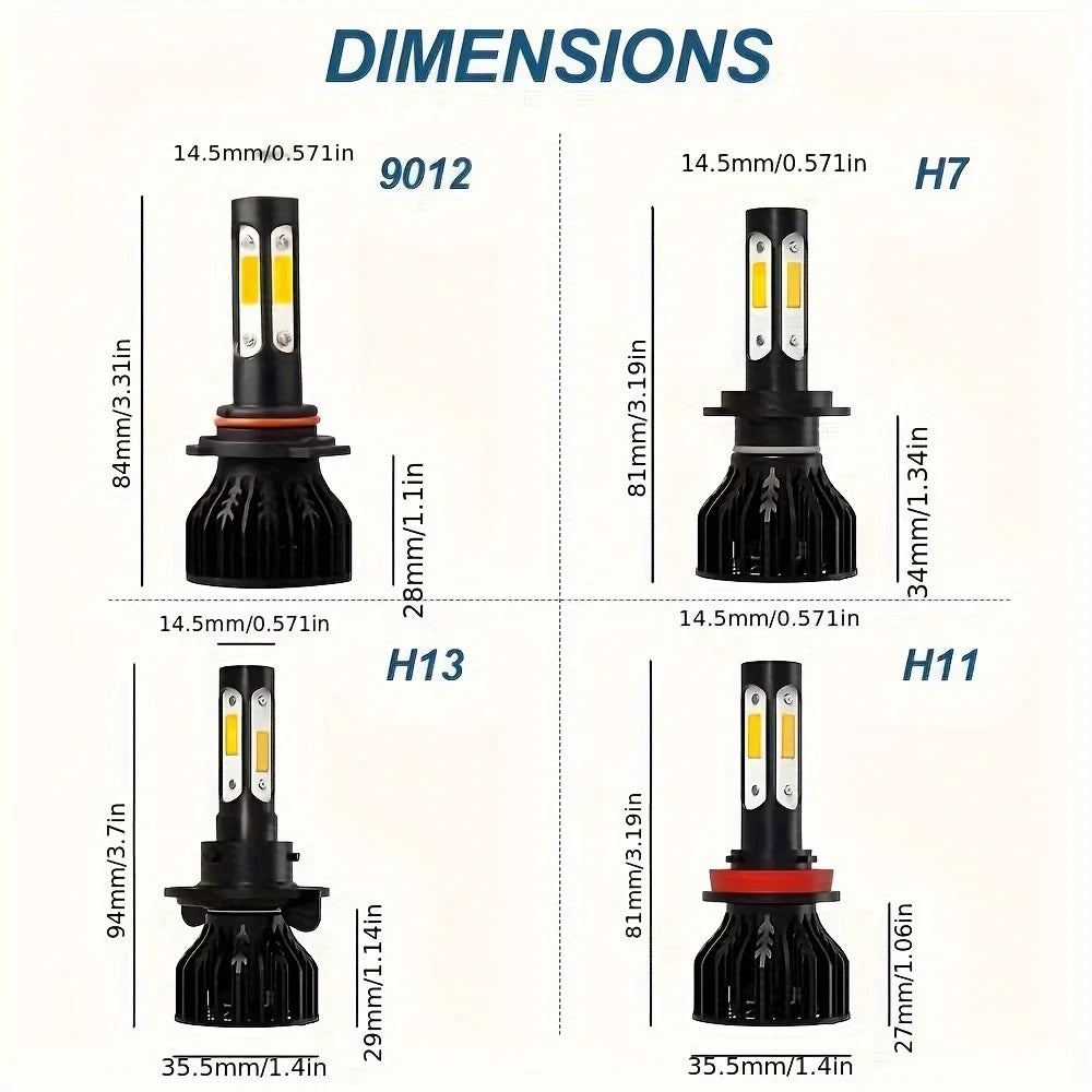 Diagram showing dimensions for various LED headlight bulbs including H7, H11, H13, and 9012 types.