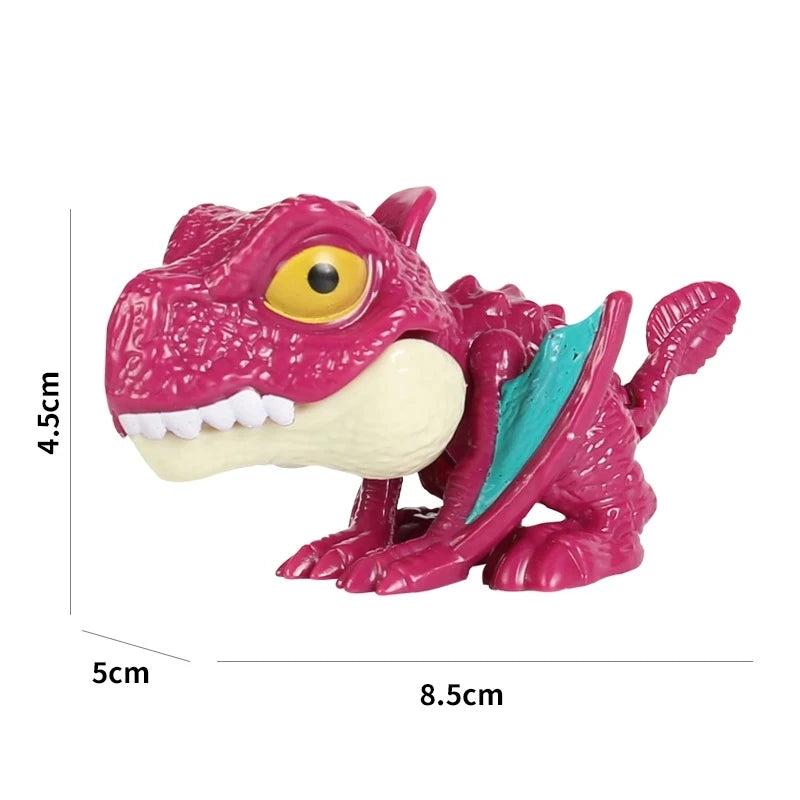 A pink and yellow interactive finger biting dinosaur toy featuring a Triceratops or Tyrannosaurus design.