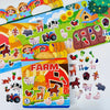 A colorful sticker book for toddlers featuring farm animals and related items like tractors and vegetables.
