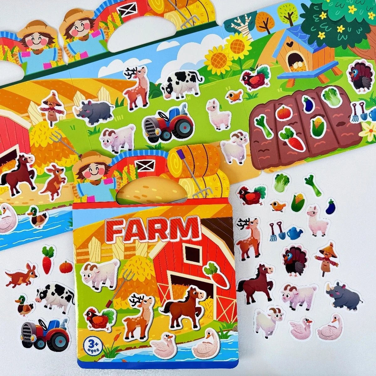 A colorful sticker book for toddlers featuring farm animals and related items like tractors and vegetables.