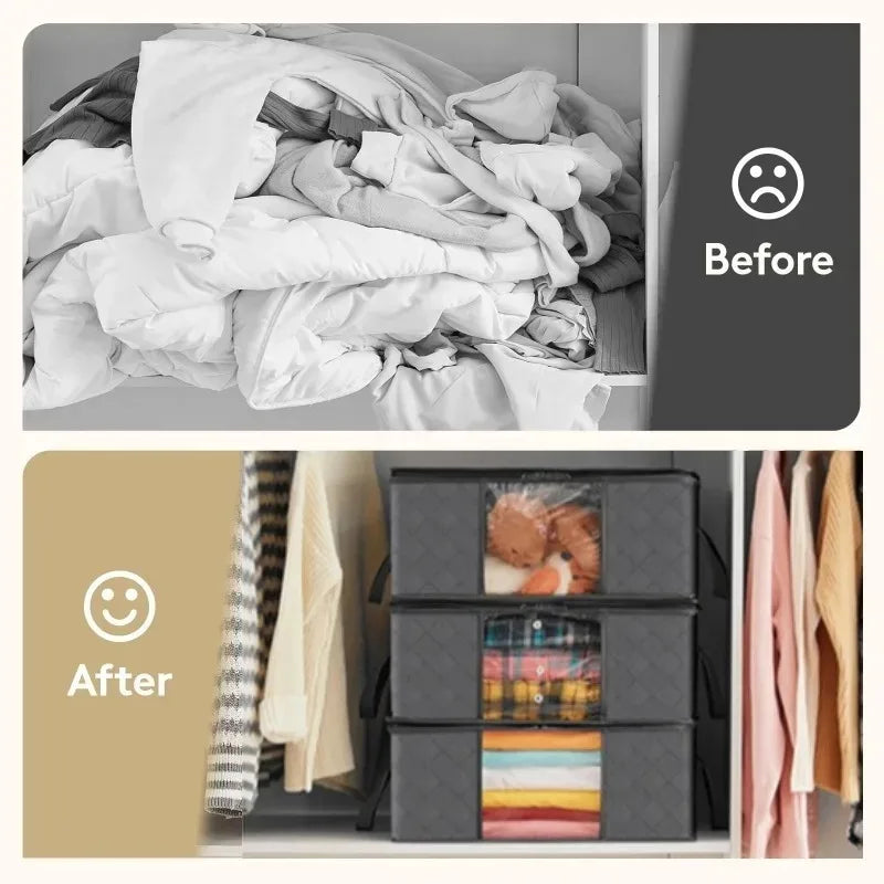 Before and after comparison showing the use of foldable storage bags for organizing quilts, blankets, and seasonal clothing.