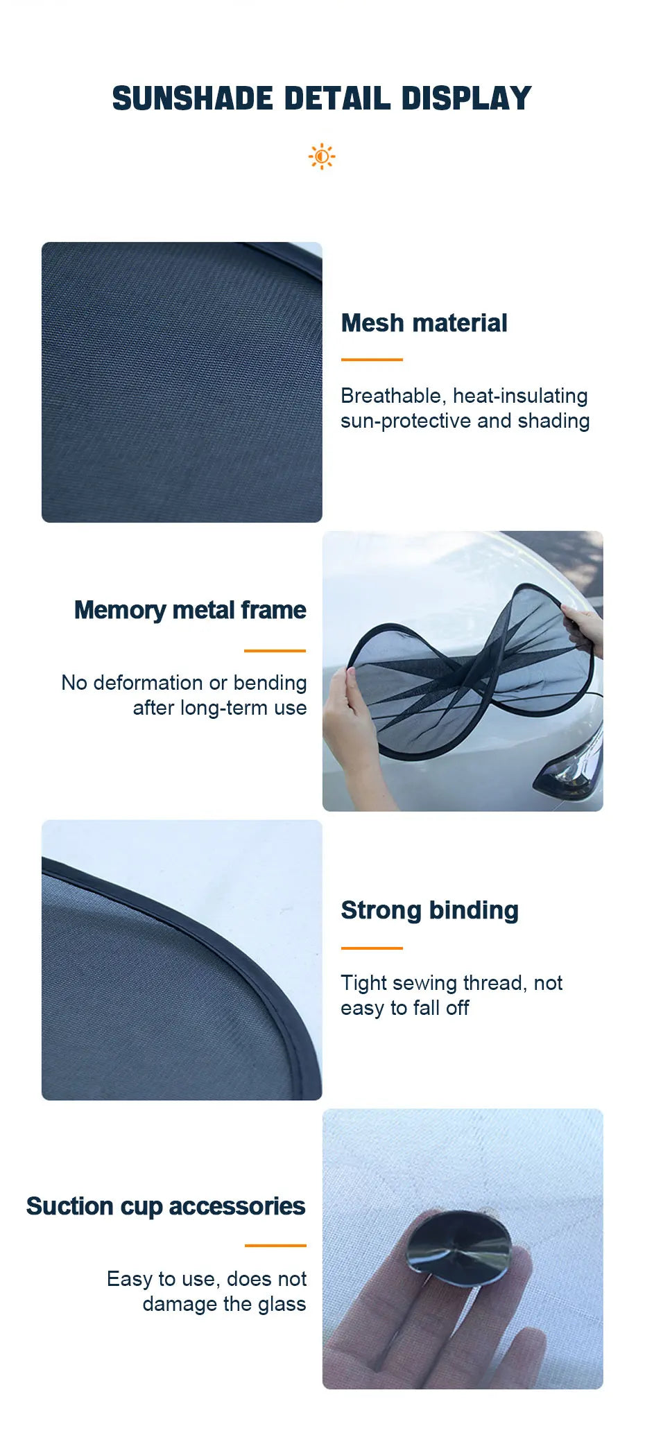 Display of car side window sun shades showing mesh material, memory metal frame, strong binding, and suction cup accessories.