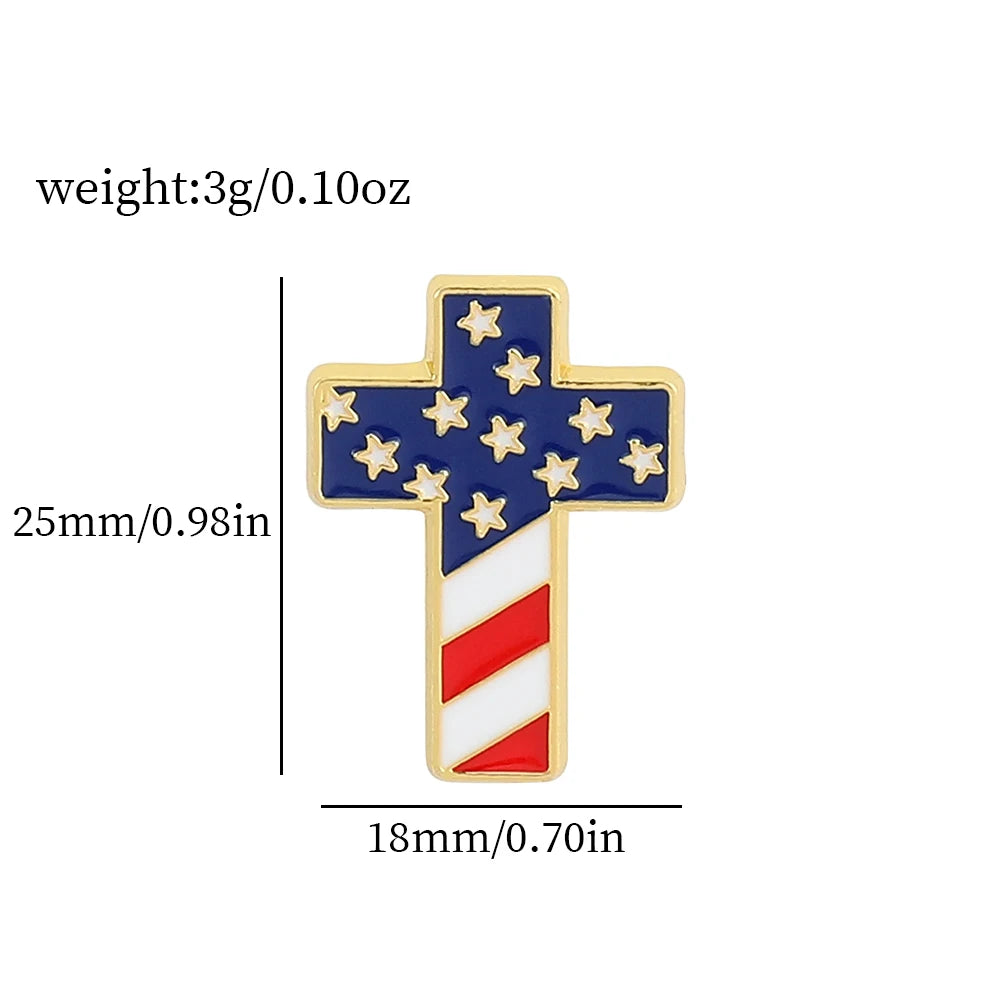 Gold-toned enamel cross brooch pin featuring a blue field with white stars and a red and white striped bottom section