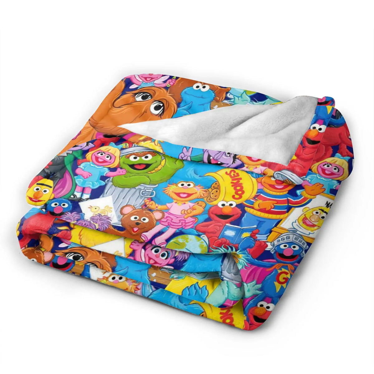A colorful flannel throw blanket featuring various Sesame Street characters.