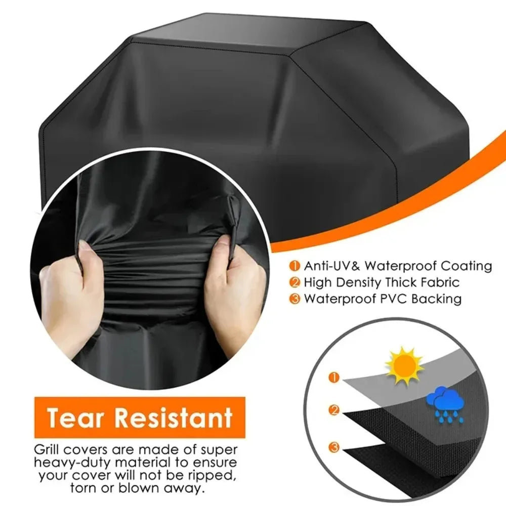 Black waterproof grill cover made of heavy-duty material with anti-UV coating and PVC backing