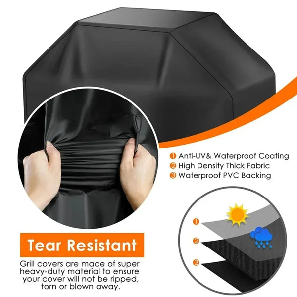 Black waterproof grill cover made of heavy-duty material with anti-UV coating and PVC backing