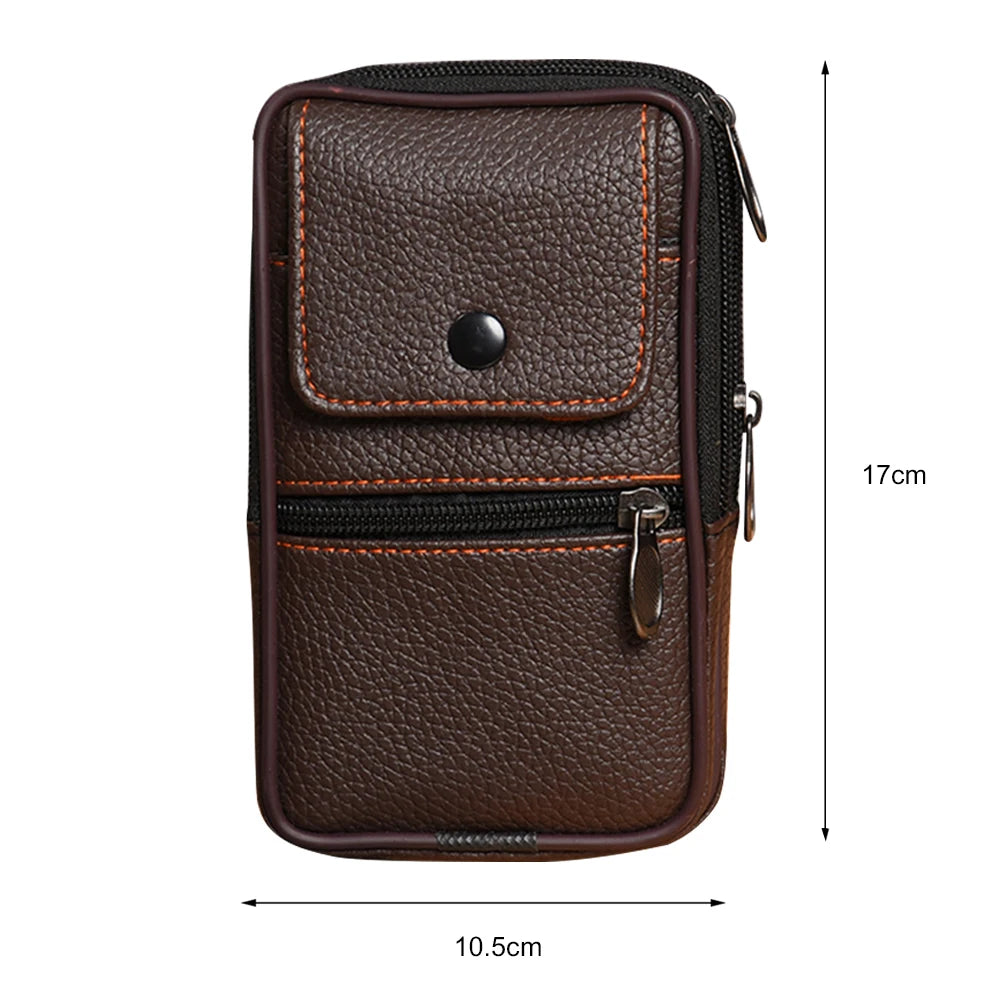 A dark brown genuine cowhide leather crossbody sling bag with a flap and zippered compartments.