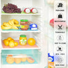 A refrigerator shelf with various fruits and jars, showing a clear plastic liner product for organization.